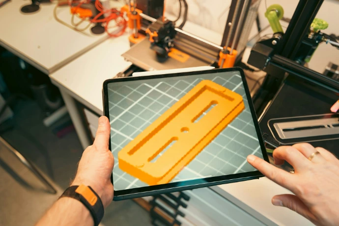 A person holding a tablet with a yellow object on it